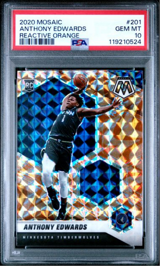 Graded rookie basketball card in PSA holder displaying Anthony Edwards shooting against reactive orange and blue geometric background.