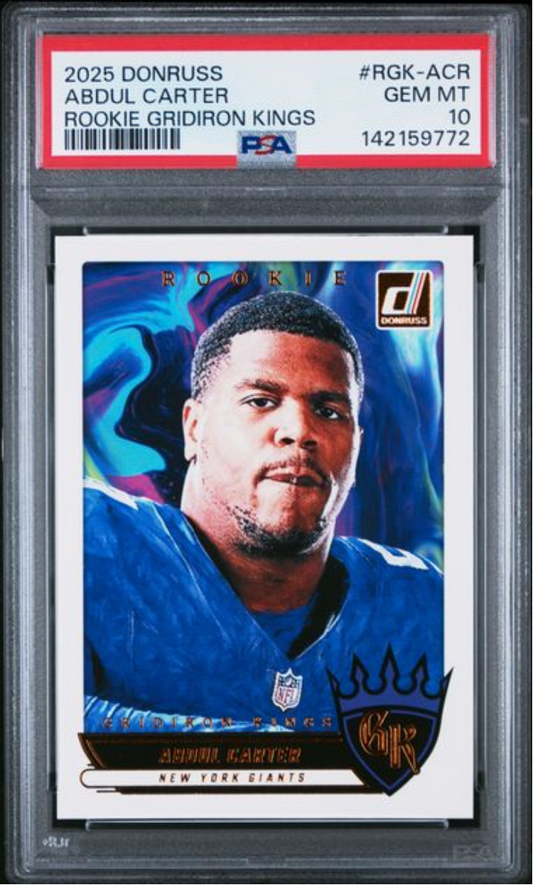 PSA-graded rookie card in clear plastic slab showing Abdul Carter in blue Giants uniform against blue gradient background with "ROOKIE" text and Gridiron Kings logo.