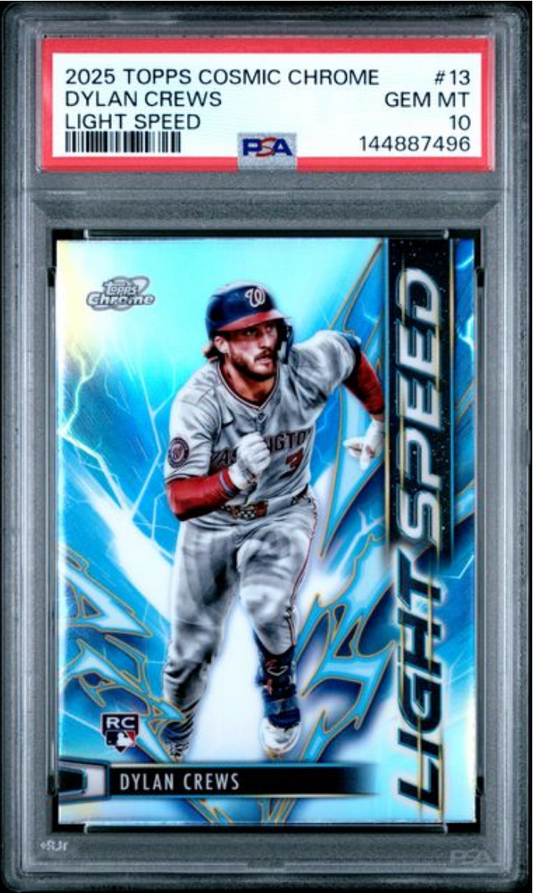PSA-graded rookie card in clear case displaying Dylan Crews in Nationals uniform against blue lightning-effect background with "Light Speed" text.