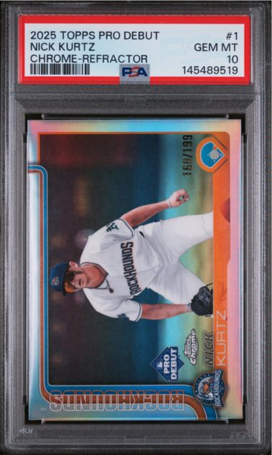 PSA-graded baseball card in clear case displaying Nick Kurtz pitcher in white uniform on colorful chrome refractor surface with red label.