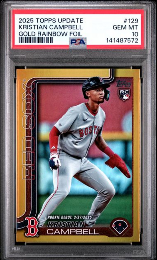PSA-graded baseball card in clear case showing Kristian Campbell in Boston Red Sox uniform against pink background, with gold rainbow foil border and rookie designation visible.