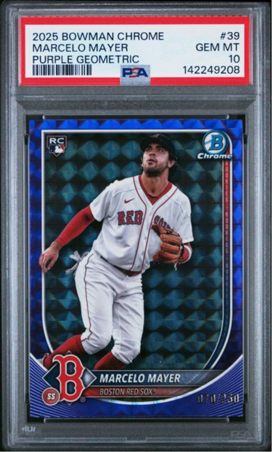 PSA-graded 2025 Bowman Chrome Marcelo Mayer purple geometric rookie card in clear holder showing player fielding in Red Sox uniform.