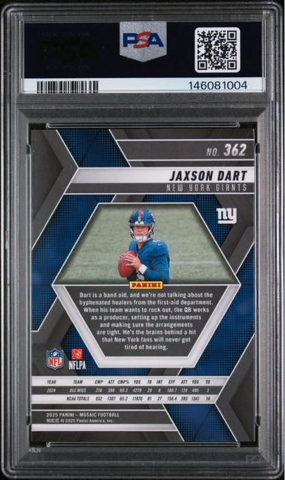 Graded 2025 Panini Mosaic Jaxson Dart #362 Rookie RC Football Card PSA 10 Gem Mint