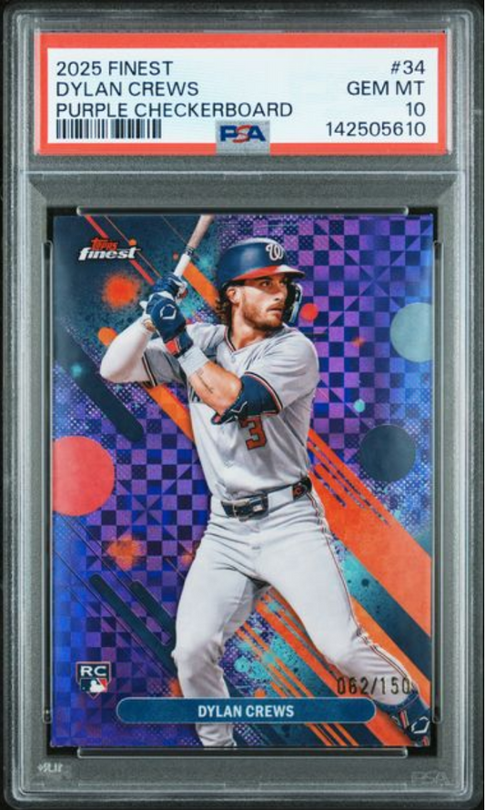 PSA-graded Dylan Crews rookie card in clear plastic slab showing purple checkerboard design with player batting stance and card number visible.