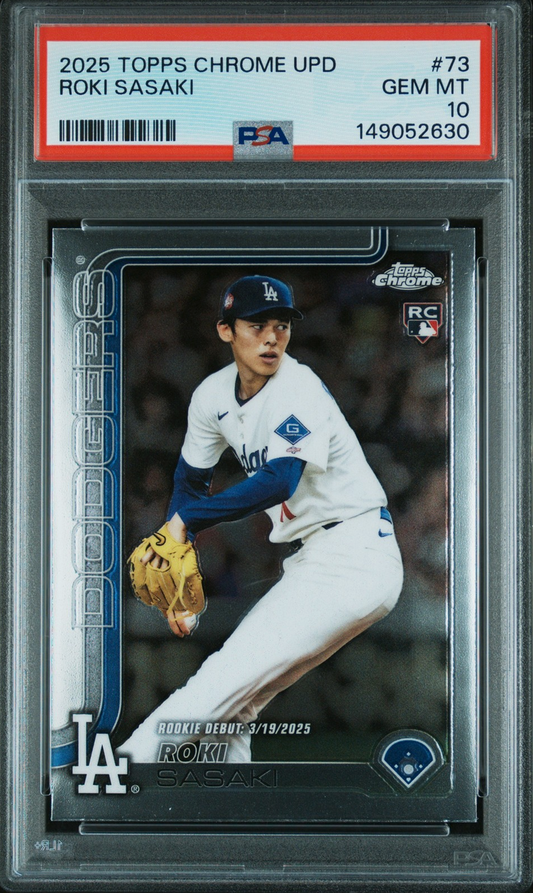 PSA graded baseball card in clear case showing Roki Sasaki in Dodgers uniform pitching, with red label and grade 10.