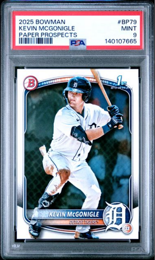 PSA-graded 2025 Bowman Paper Prospects Kevin McGonigle rookie card showing player in white Detroit Tigers uniform mid-swing.
