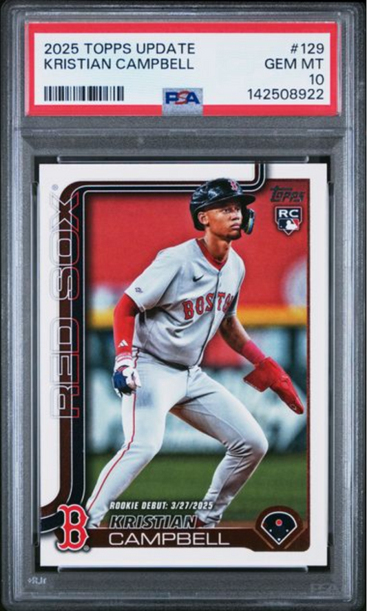 PSA-graded 2025 Topps Update Kristian Campbell rookie card in clear plastic slab showing front of card with player in Boston Red Sox uniform.