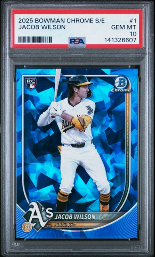PSA-graded 2025 Bowman Chrome Jacob Wilson rookie card in clear plastic holder showing front with blue geometric background and player batting stance.