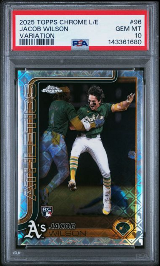 PSA-graded 2025 Topps Chrome Jacob Wilson rookie card in protective case showing front with green Oakland A's uniform and gold-bordered design.