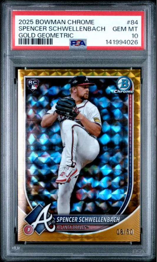 PSA-graded baseball card in protective case showing pitcher Spencer Schwellenbach mid-delivery with gold geometric background and blue bokeh effects.