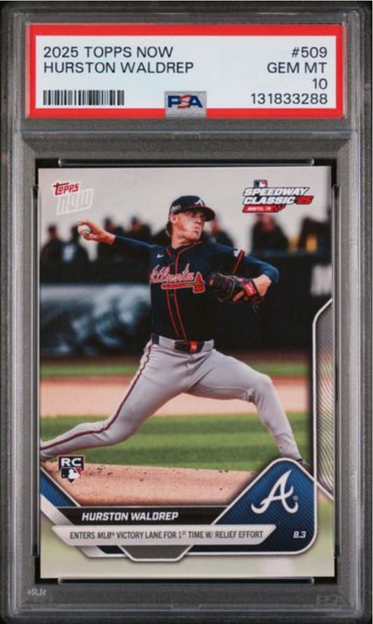 PSA graded baseball card in clear case showing Hurston Waldrep rookie card with red label at top displaying card number and grade 10.