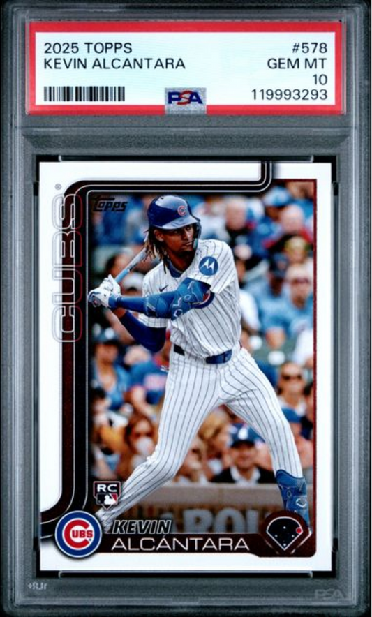 PSA-graded 2025 Topps Kevin Alcantara rookie card #578 in protective slab showing player batting in Cubs pinstriped uniform.