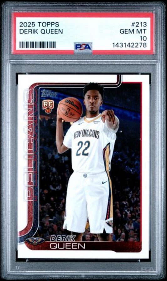 PSA-graded trading card showing Derik Queen in white New Orleans Pelicans jersey number 22, holding basketball, with red Topps border and grading label visible.