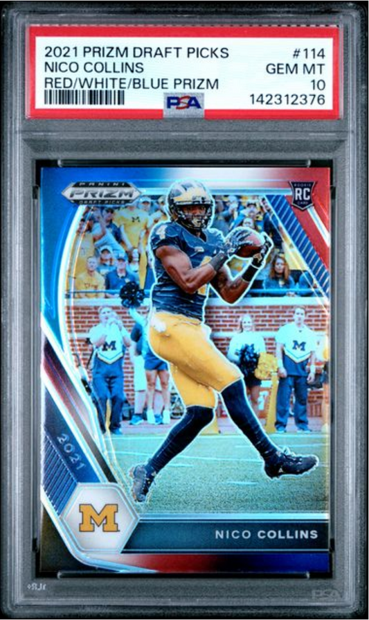 PSA-graded Nico Collins 2021 Prizm Draft Picks rookie card in clear plastic holder showing front design with player photo and red/white/blue prizm pattern.
