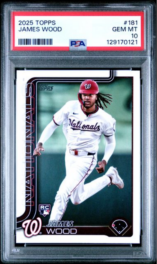 PSA graded baseball card in clear plastic holder showing James Wood in white Nationals uniform running, with red grading label on top.