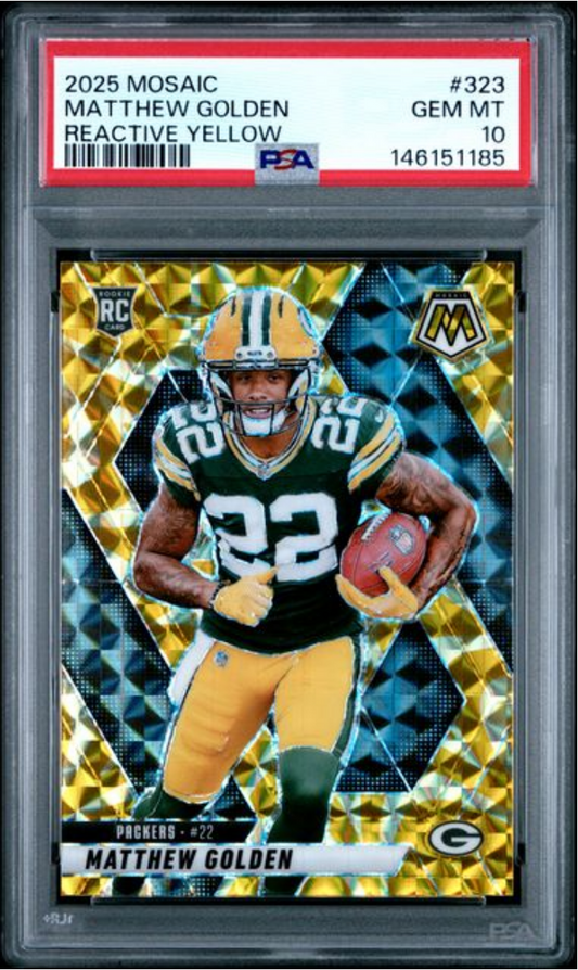 PSA-graded football card in clear case displaying Matthew Golden in green and gold Packers uniform holding football, with yellow and blue geometric mosaic background pattern.