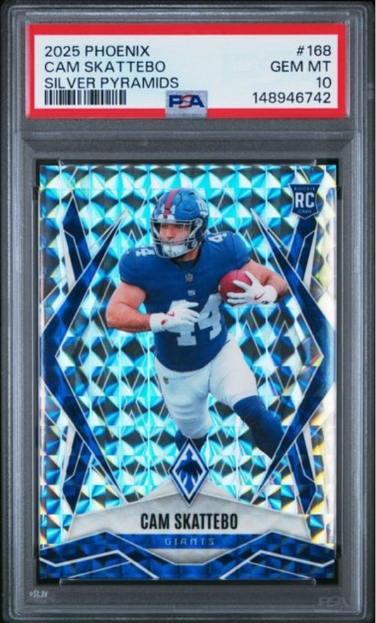 PSA-graded rookie card in clear plastic case displaying Cam Skattebo in Giants uniform against blue diamond-patterned background.