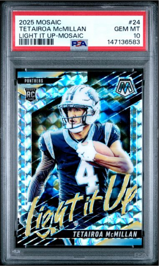PSA-graded rookie card in clear protective case displaying Tetairoa McMillan in Panthers uniform with blue mosaic design and gold foil text.