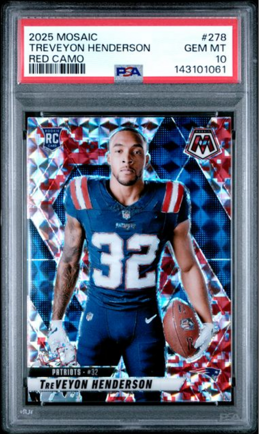 Front of graded PSA 10 football card showing TreVeyon Henderson in New England Patriots uniform against red, white, and blue geometric background.