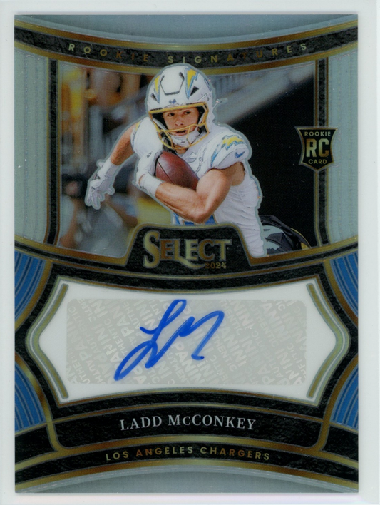 Front of 2024 Panini Select Ladd McConkey rookie card showing white-uniformed player holding football with blue autograph on silver prizm base.