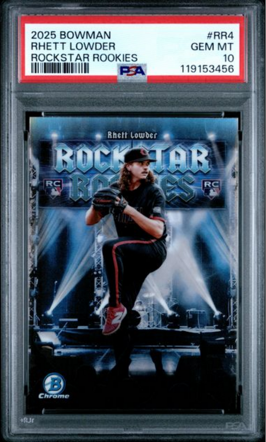 PSA-graded 2025 Bowman Rockstar Rookies card #RR4 featuring Rhett Lowder in pitching pose against blue stadium background.