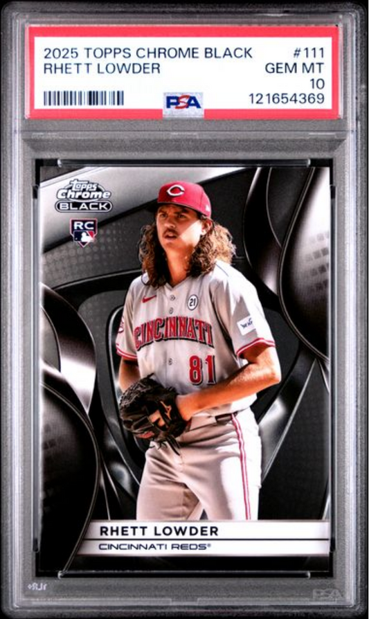 PSA-graded 2025 Topps Chrome Black rookie card of Rhett Lowder in Cincinnati Reds uniform, displayed in clear protective case.