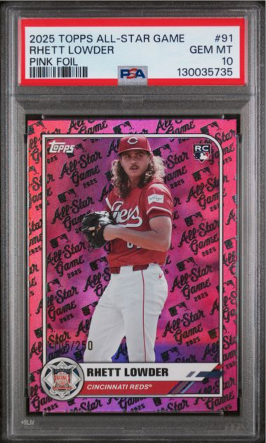 PSA-graded baseball card in clear case displaying pink foil Rhett Lowder All-Star Game rookie card with red label and certification number.