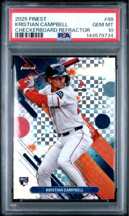 PSA-graded baseball card in clear plastic holder showing Kristian Campbell in red Sox uniform mid-swing against checkerboard refractor background.