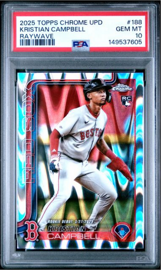 PSA-graded 2025 Topps Chrome baseball card #188 featuring Kristian Campbell in Boston Red Sox uniform within clear protective case.
