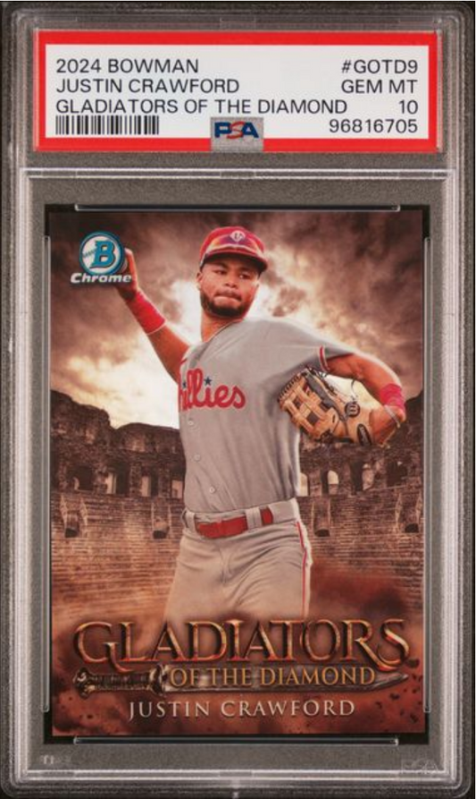 PSA-graded baseball card in clear plastic slab showing Justin Crawford in red Phillies uniform against brick background with "Gladiators of the Diamond" text.