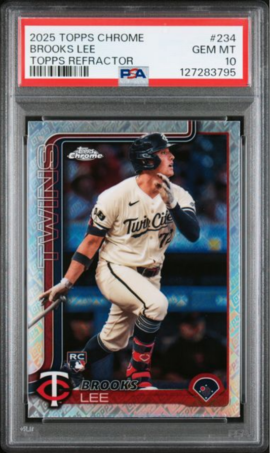 Graded PSA 10 baseball card in clear case showing Brooks Lee in Twins uniform mid-swing with red refractor design border.