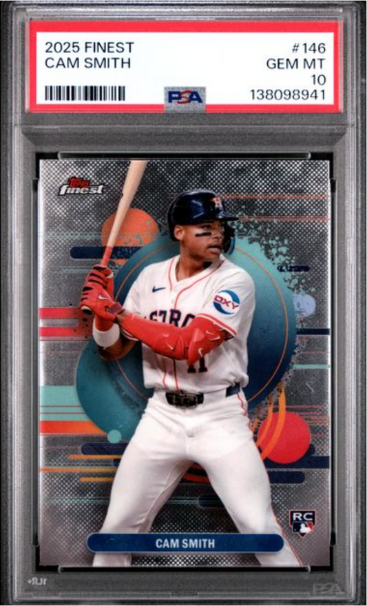 PSA-graded 2025 Topps Finest Cam Smith rookie card #146 in protective case with red label and 10 Gem Mint rating visible.