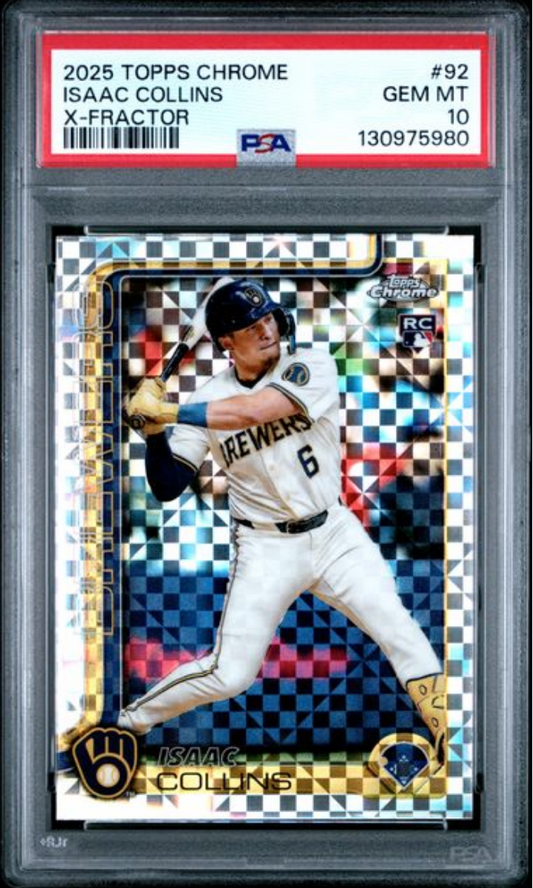 PSA-graded rookie baseball card in clear plastic case showing Isaac Collins in Brewers uniform with colorful checkered background and gold borders.