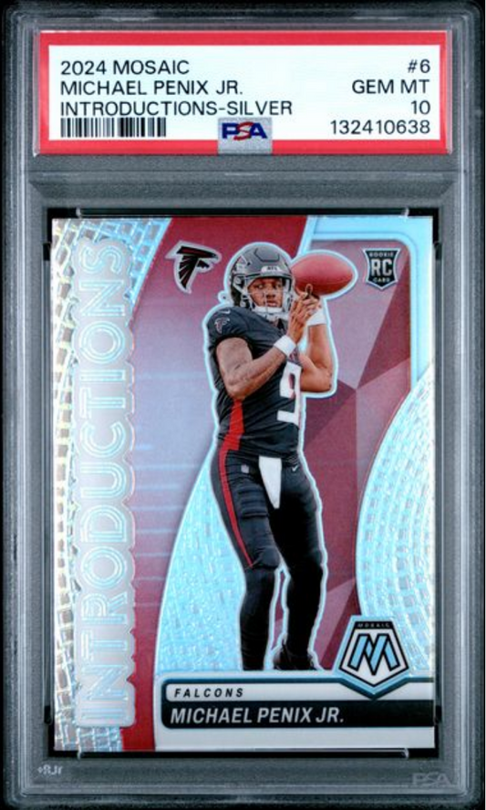 PSA-graded trading card in plastic case displaying Michael Penix Jr. in Atlanta Falcons uniform against red and blue gradient background with silver foil accents.