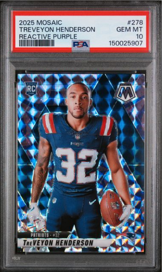 PSA-graded trading card in clear plastic case showing football player TreVeyon Henderson in Patriots uniform against purple reactive background.
