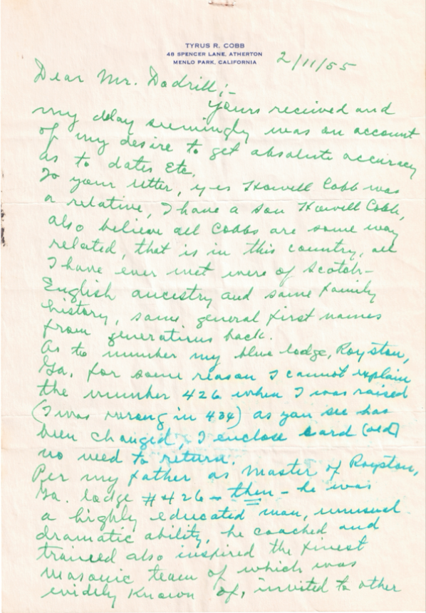 Ty Cobb Beckett Encapsulated Handwriting Removed from an Autograph Letter Signed