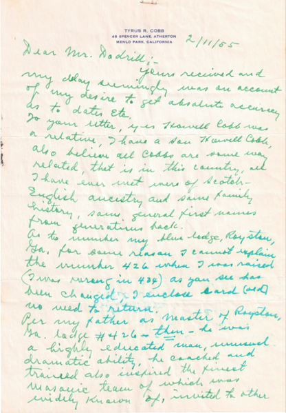 Ty Cobb Beckett Encapsulated Handwriting Removed from an Autograph Letter Signed