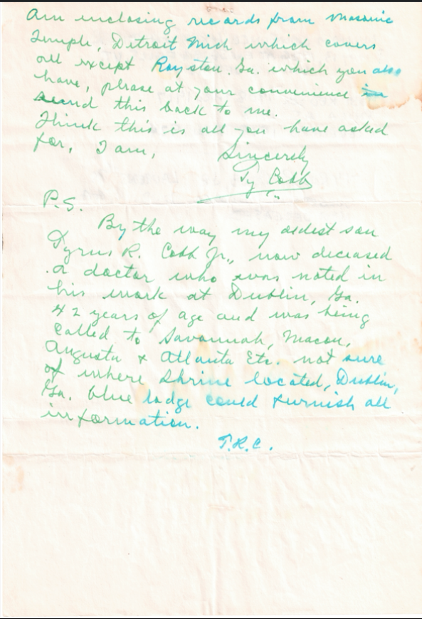Ty Cobb Beckett Encapsulated Handwriting Removed from an Autograph Letter Signed