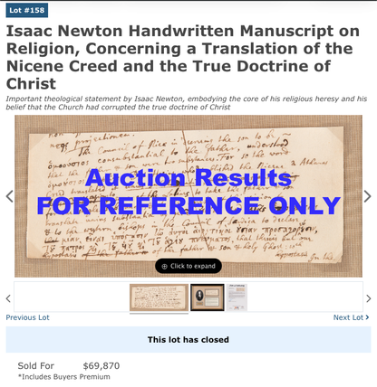 Isaac Newton Beckett Encapsulated Handwriting Removed from an Autograph Manuscript