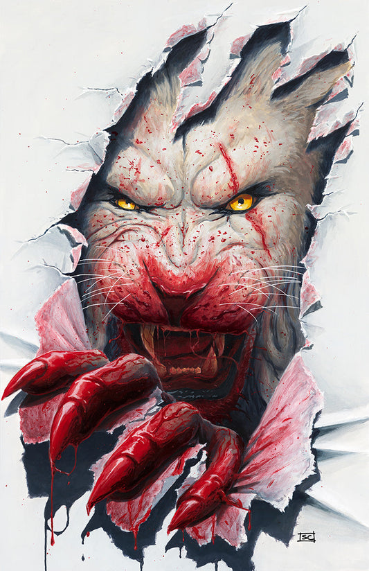 Watercolor illustration of Battle Beast's snarling face with yellow eyes, gray fur, red claws, and blood splatters on white paper, signed lower right.