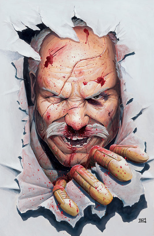 Grotesque painted illustration of an angry man's head with exposed veins and blood, holding cigars, signed bottom right.