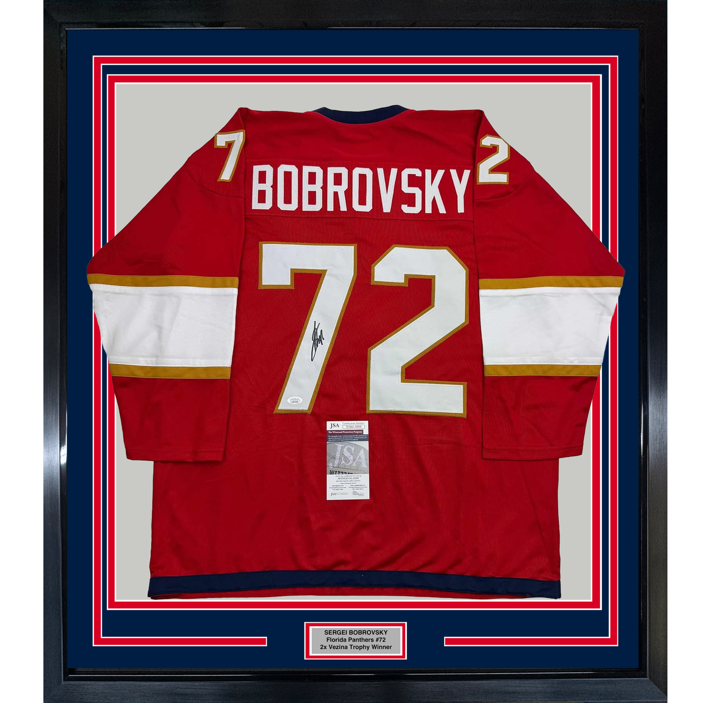 Framed red Florida Panthers hockey jersey #72 with "BOBROVSKY" nameplate, signed, displayed flat against light gray background with red and blue matting.