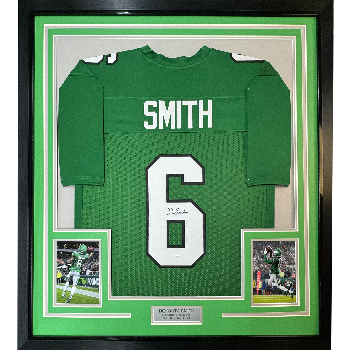 Framed Autographed/Signed Devonta Smith Philadelphia Kelly Green Football Jersey JSA COA