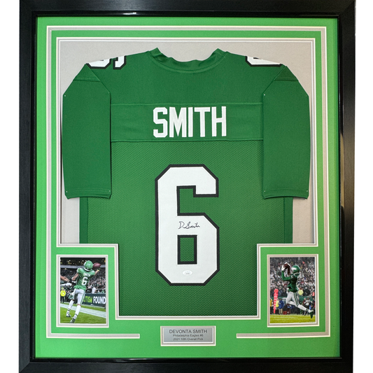 Framed Autographed/Signed Devonta Smith Philadelphia Kelly Green Football Jersey JSA COA