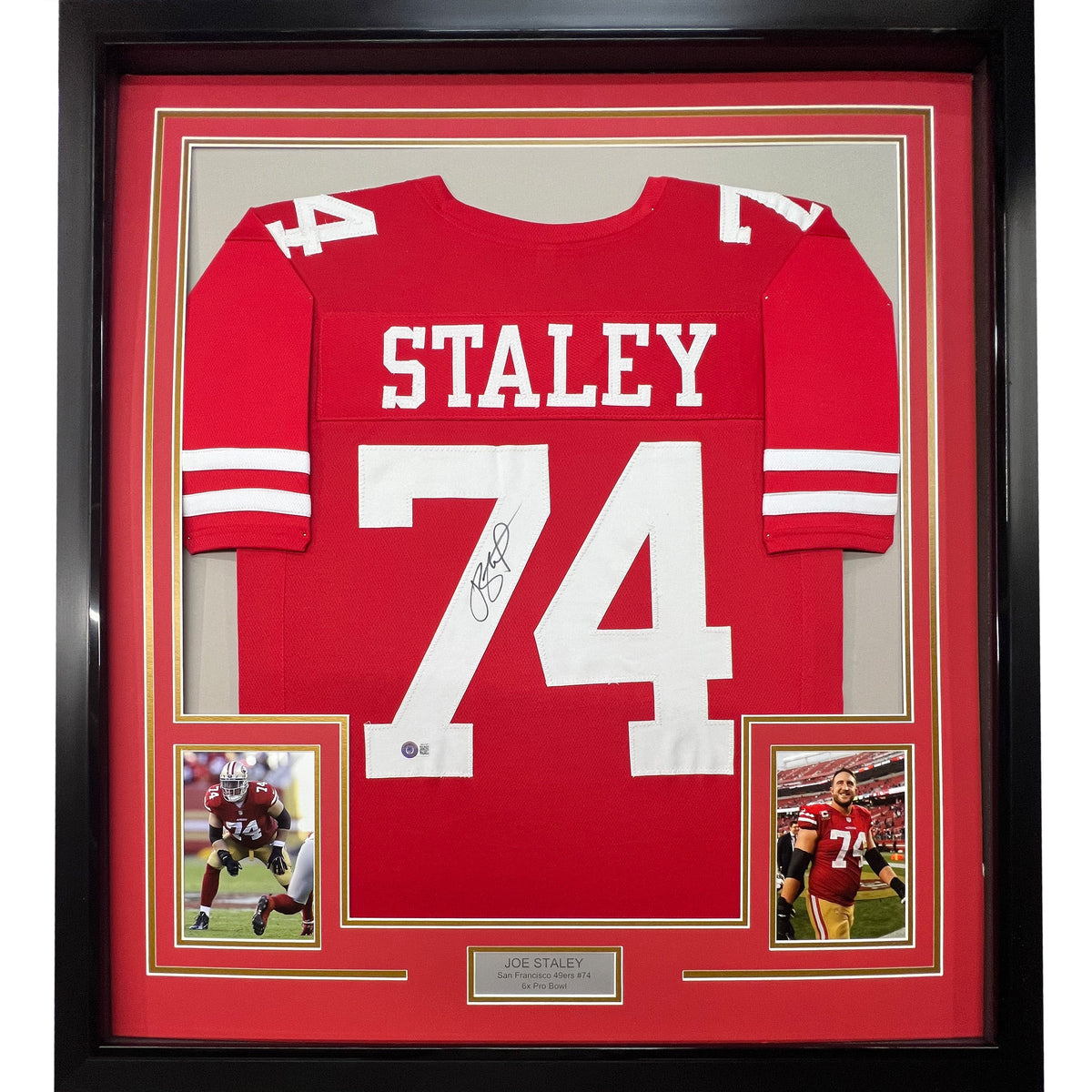 Framed Autographed/Signed Joe Staley San Francisco Red Football Jersey Beckett BAS COA