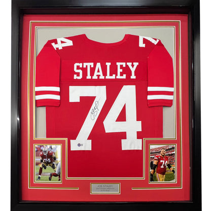 Framed Autographed/Signed Joe Staley San Francisco Red Football Jersey Beckett BAS COA