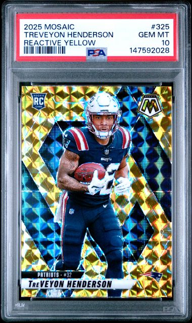 PSA graded trading card in clear case showing TreVeyon Henderson in Patriots uniform on yellow geometric patterned background with rookie designation.