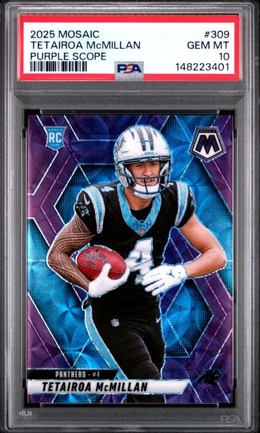 PSA-graded trading card in plastic case displaying Tetairoa McMillan in Carolina Panthers uniform holding football against purple geometric background.