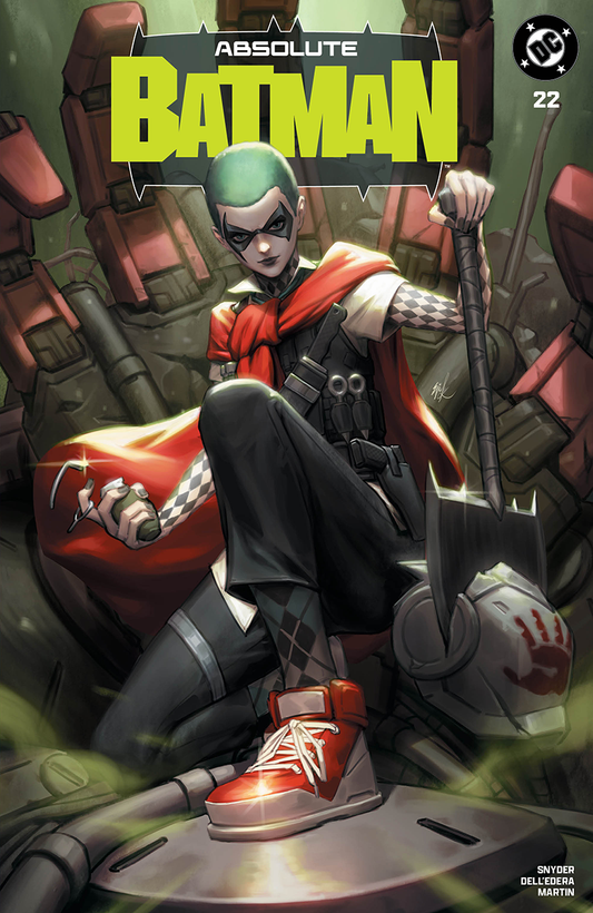 Comic book cover featuring Harley Quinn in red and black costume with baseball bat, standing against mechanical background with "Absolute Batman #22" title text.