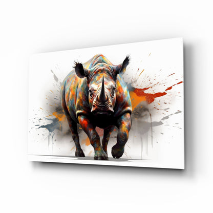 Colorful rhino with orange, blue, and red paint splatters on white glass panel, front-facing view with shadow effect.